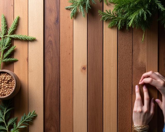 A collection of sustainable wood samples including oak, ash, and walnut.