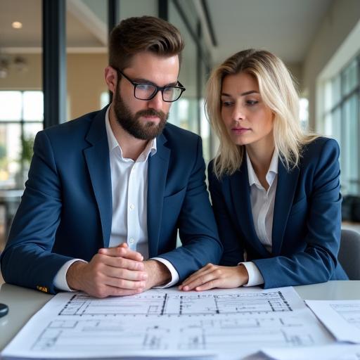 Two professionals in a meeting discussing office blueprints.