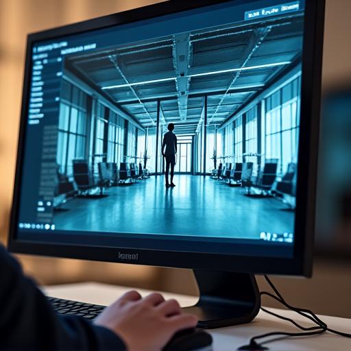 A computer screen showing a 3D rendering of an office interior.