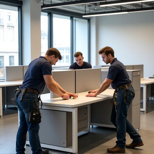 A team of installers assembling a modular workstation in a new office.