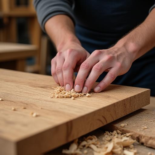 A craftsman carefully sanding a piece of solid oak for a desk.