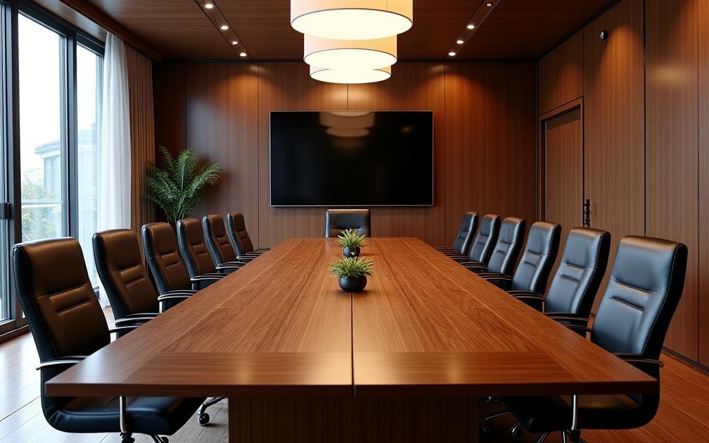 A long, impressive solid oak boardroom table in a sophisticated room.