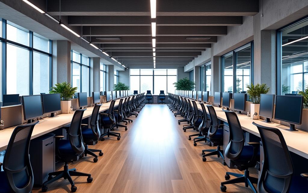 Wide shot of a large, modern tech office with rows of workstations.