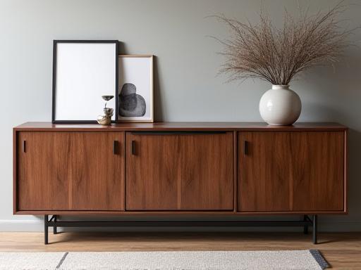 A sleek walnut credenza with minimalist hardware.