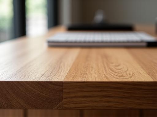 A close-up of a beautifully crafted custom oak office desk.
