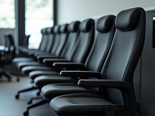 A row of modern black ergonomic office chairs.